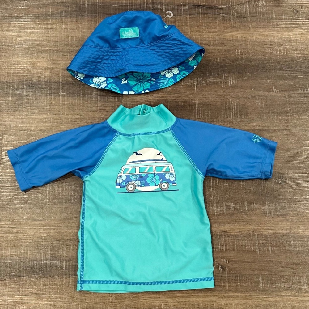 UV Skinz Boys 2T Rash Guard and Reversible Bucket Hat Set Blue Surf Van UPF 50+